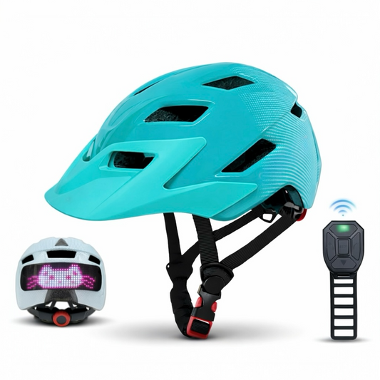 Blå cykelhjelm med LED-display, fjernbetjening og blinklys